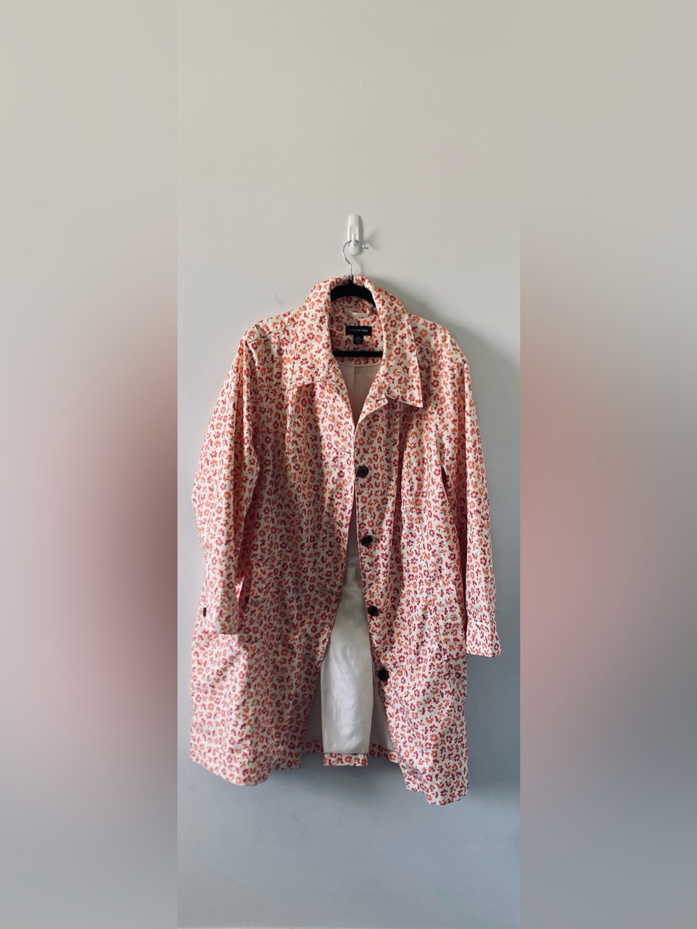 Lands' End Pink Floral Trench Raincoat Jacket Size 3X 24W/26W Cottagecore EUC
